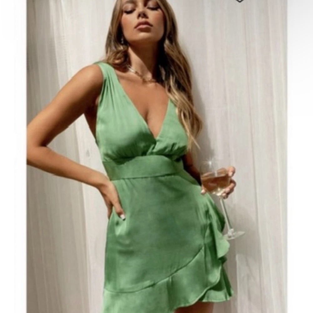 Satin V-Neck Ruffle Mini Dress in Light Green